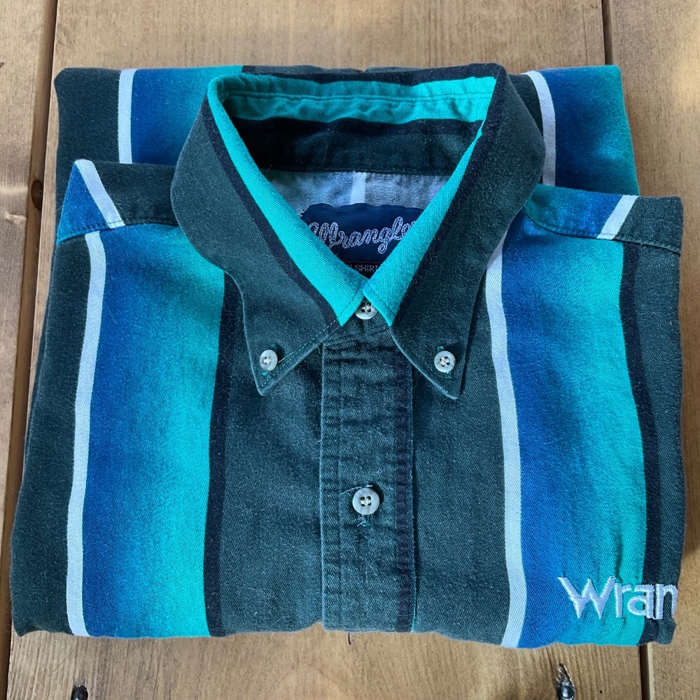 VINTAGE MENS 90s WRANGLER BRUSHPOPPER STRIPED LONG SLEEVE WESTERN COWBOY SHIRT - Picture 6 of 9